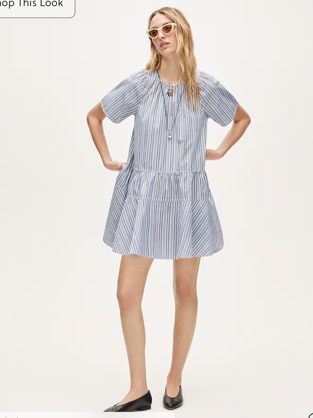 Tiered popover dress in striped cotton poplin